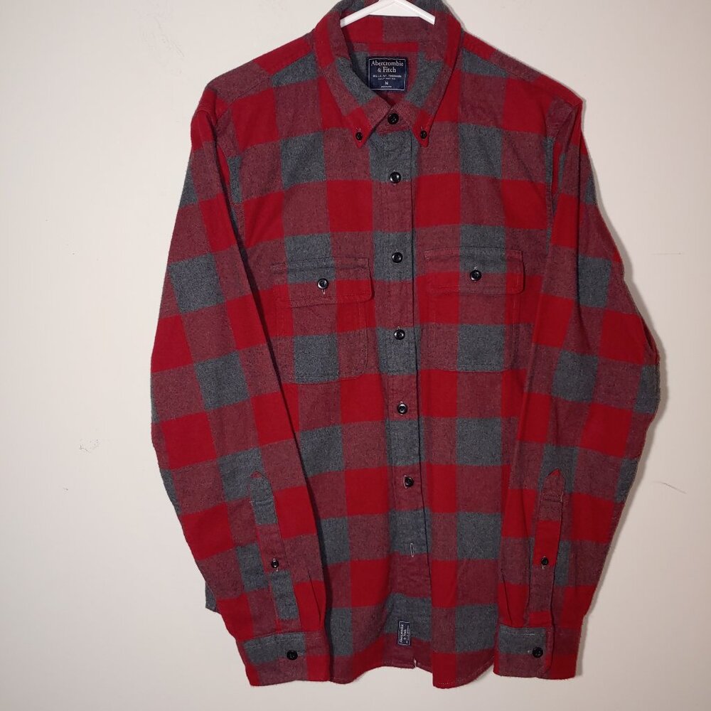 Abercrombie & Fitch Plaid Red Gray Button Down Flannel Shirt Size M